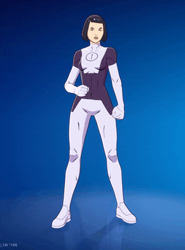 a cartoon of a woman in a purple and white suit