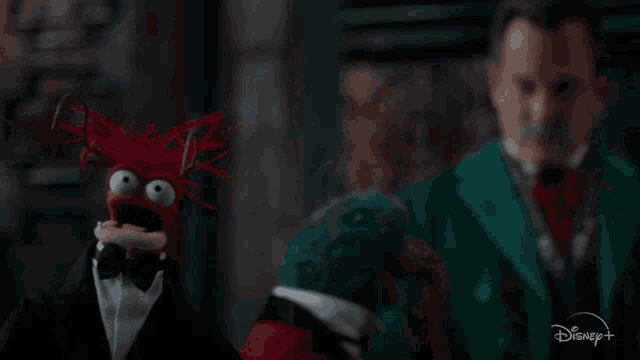 a disney plus advertisement shows a muppet wearing a tuxedo and bow tie