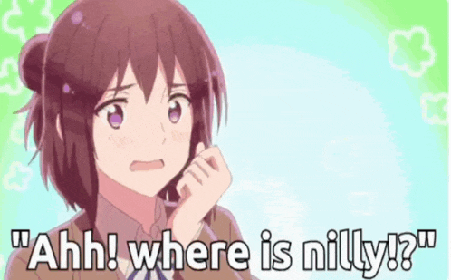 a girl with brown hair and purple eyes is holding her hand to her chin and saying `` ahh ! where is nilly ? ''