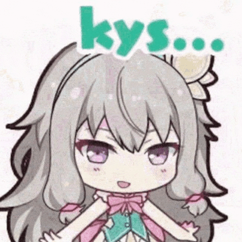 a cartoon girl with long hair and purple eyes is holding a flower in her hair and says kys .