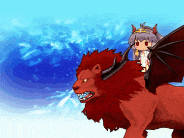 a girl is riding on the back of a red lion with horns
