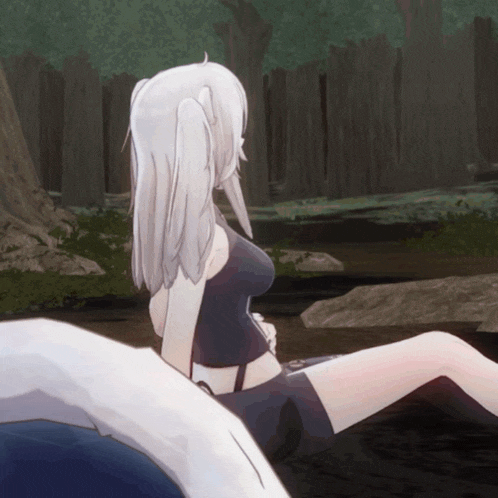 a girl with white hair is sitting on a rock in the water