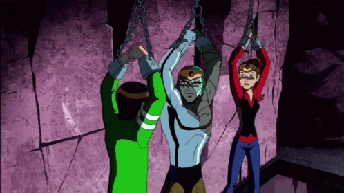 a group of cartoon characters are chained to each other