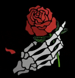a skeleton hand is holding a red rose with petals falling .