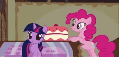 twilight sparkle and pinkie pie from my little pony are standing next to a cake on a table .