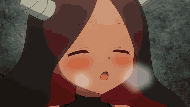 a close up of a cartoon character with horns and red hair