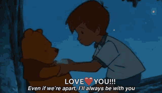a cartoon of a boy hugging a teddy bear with the words " love you " on the bottom