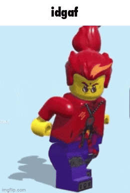 a lego man with red hair and a purple shirt is standing on a blue background .
