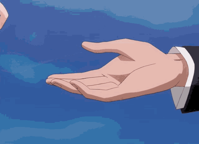 a man in a suit is reaching out his hand to a woman