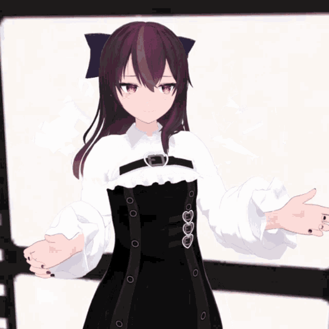 a girl with purple hair is wearing a black dress and white shirt