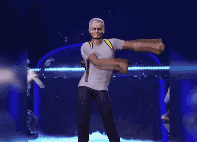 a man with a backpack is dancing in front of a blue background