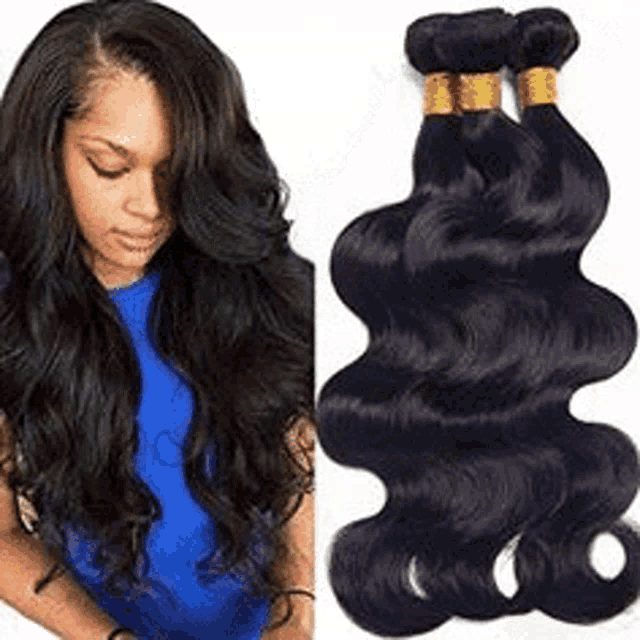 a woman in a blue shirt is standing next to a bunch of black hair extensions .