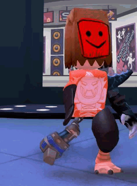 a cartoon character with a red smiley face on his head is dancing