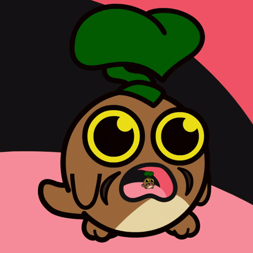 a cartoon character with a green leaf on top of its head