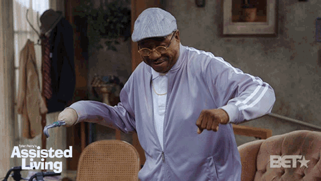 an advertisement for assisted living shows an elderly man in a purple jacket