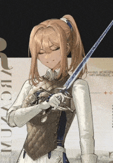 a drawing of a girl holding a sword with the word ybcv on the bottom right