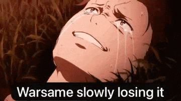 a man is crying in a field with the words `` warsame slowly losing it '' written below him .