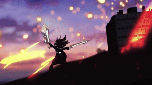 a cartoon drawing of a girl holding a sword in front of a building