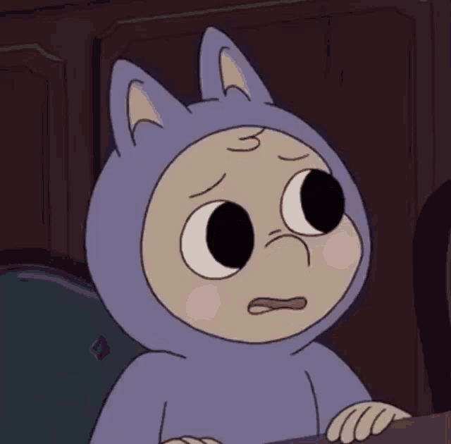 a cartoon character wearing a cat costume with a sad look on his face