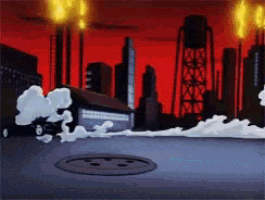 a cartoon scene with a manhole cover in the foreground