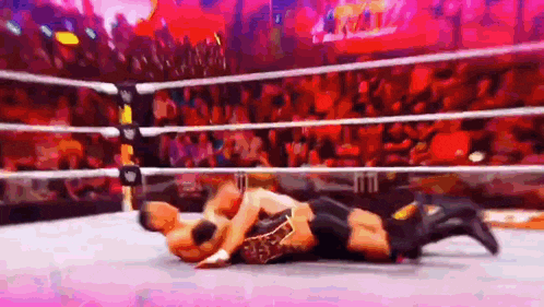 two men are wrestling in a wrestling ring with a crowd in the background .