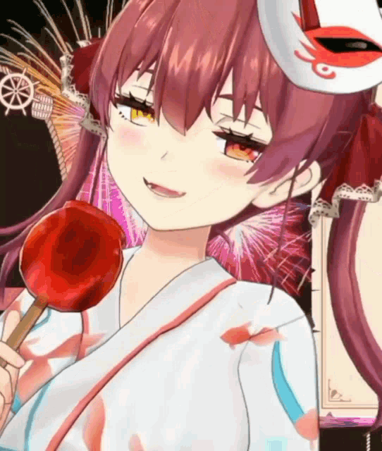 a girl with red hair is wearing a mask and holding a red object