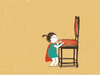 a drawing of a child wearing a cape and a chair