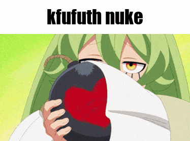 a girl with green hair is holding a bomb with a red heart on it and the words kfufuth nuke above her