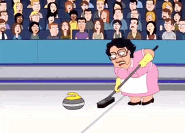 a woman in a pink dress is sweeping a curling stone on a rink