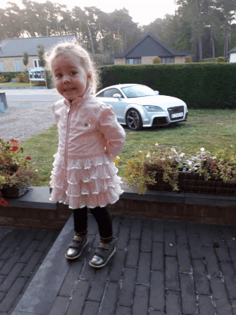 a little girl in a pink dress stands in front of a silver car