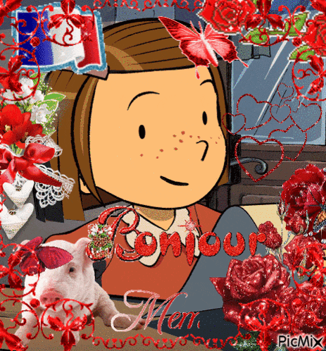 a cartoon girl is surrounded by red flowers and butterflies with the word bonjour written in red