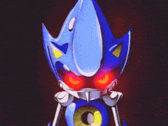 a cartoon drawing of a blue robot with a purple background behind it