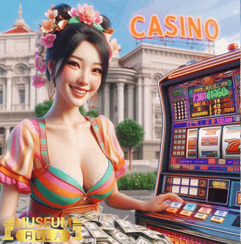 a woman is smiling in front of a slot machine that says casino on it