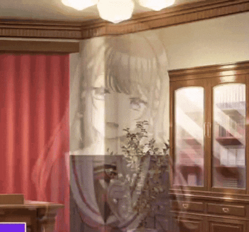 a painting of a woman 's face is behind a red curtain