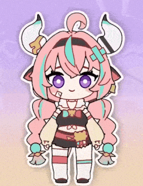a cartoon drawing of a girl with horns and purple eyes