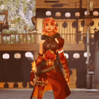 a woman with red hair is standing in front of a building holding a sword