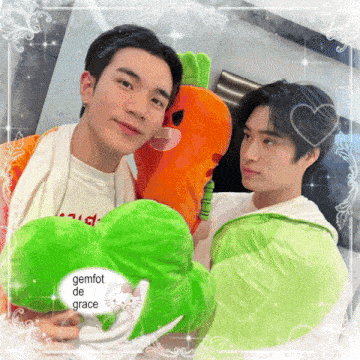 a picture of two young men holding stuffed animals with the words gemfot de grace in the corner