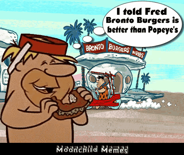 a cartoon of fred flintstone eating a hamburger in front of a bronto burgers sign