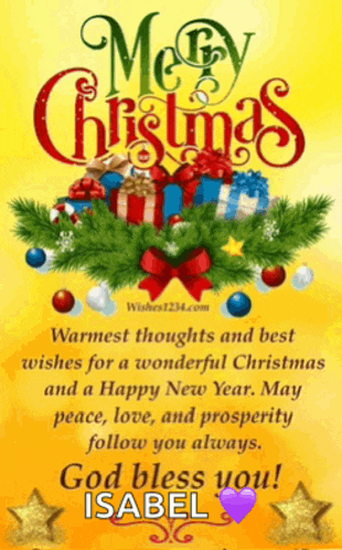 a merry christmas and happy new year greeting card with isabel 's name on it