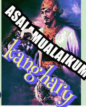 a painting of a man and a tiger with the words " assalammualaikum kang hary " on the bottom