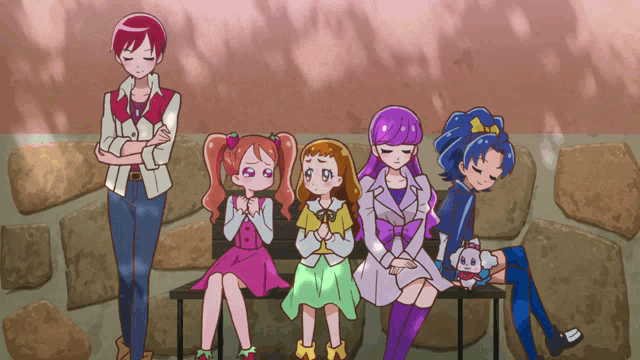 a group of cartoon characters are sitting on a bench with their eyes closed