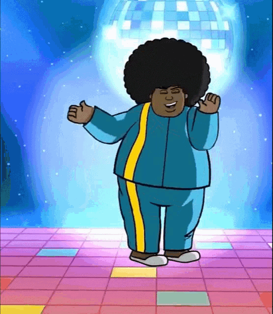 a cartoon character with an afro is dancing on a disco floor