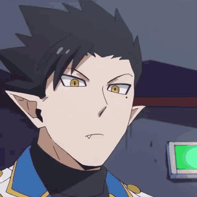 a close up of a cartoon character with a yellow eye