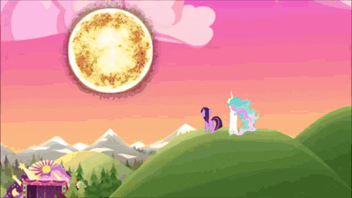 a cartoon of ponies standing on top of a hill