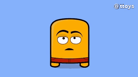 a cartoon character with big eyes and a sad face is standing on a blue background .