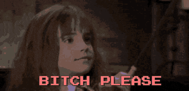 a pixelated image of hermione granger with the words bitch please above her