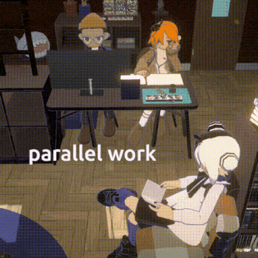 a cartoon drawing of a girl sitting at a desk with the words parallel work below her