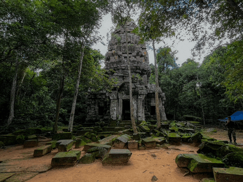 a very old building in the middle of the woods