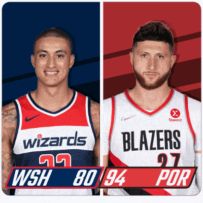 two basketball players from the wizards and the blazers pose for a picture