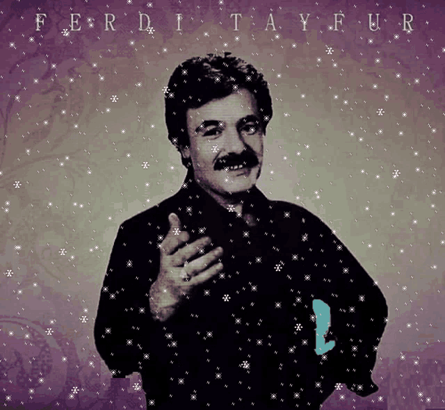 a man with a mustache stands in front of a purple background with the name ferdi tayfur on it